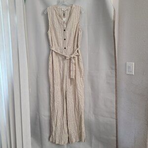 Calvin Klein Sz 12 Beige Navy Stripe Linen Blend Lightweight Wide Leg Jumpsuit